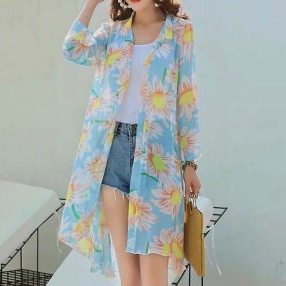 Boho Bold Yellow Daisy Floral Long Duster Kimono M - Picture 1 of 10